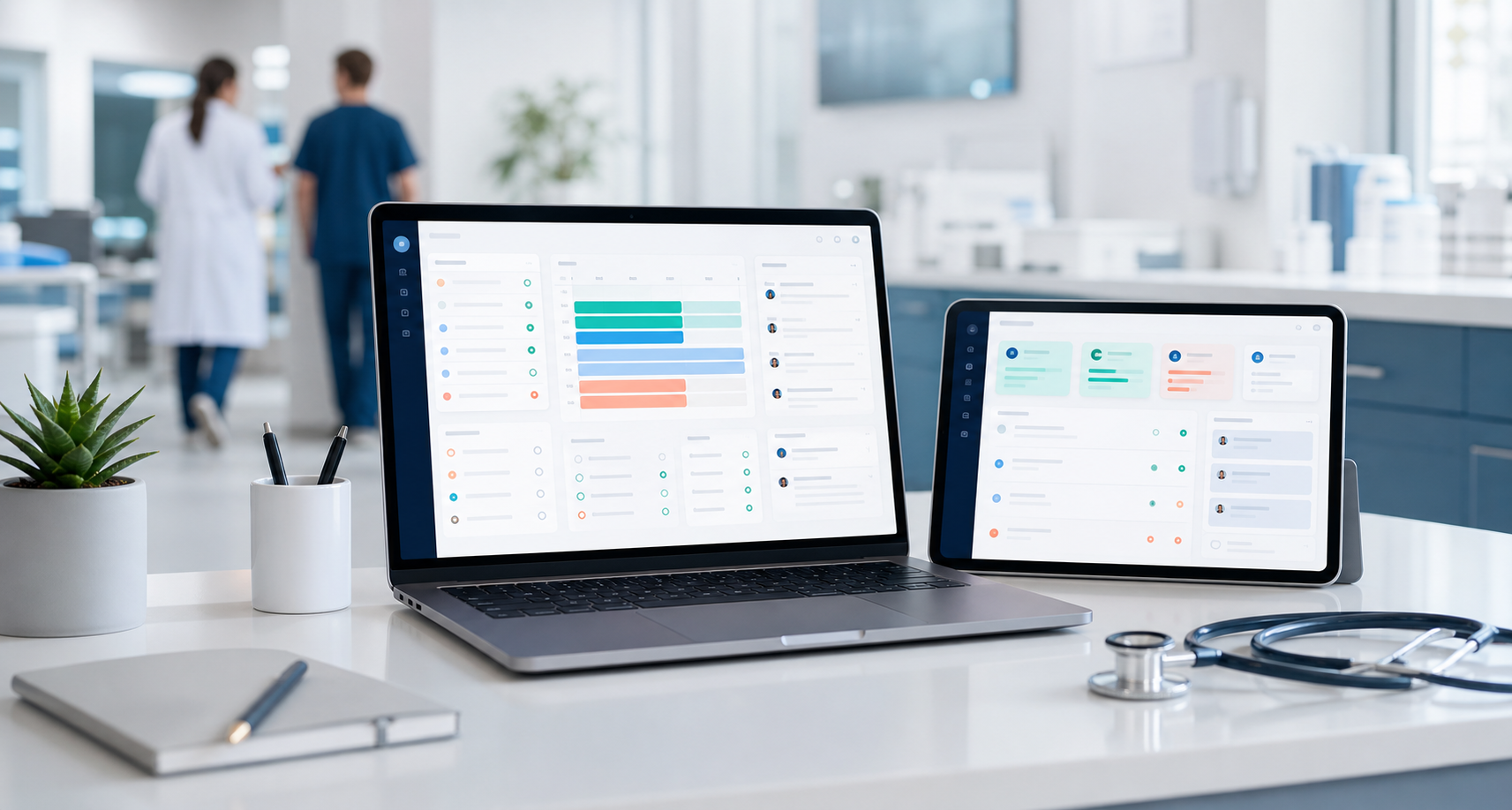 Healthcare workflow software on a laptop and tablet